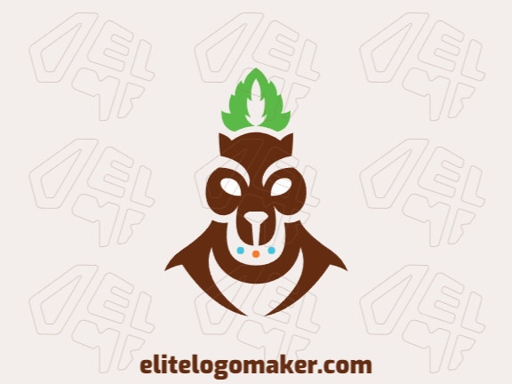 Logotipo vetorial com a forma de uma cabeça de esquilo combinado com uma folha com design abstrato e cores marrom, azul, e verde.