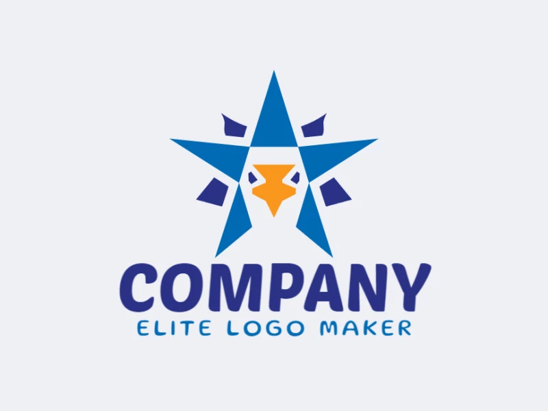 Logotipo creativo en forma de un pájaro combinado con una estrella con un diseño memorable y un estilo simétrico, los colores utilizados son azul y amarillo.