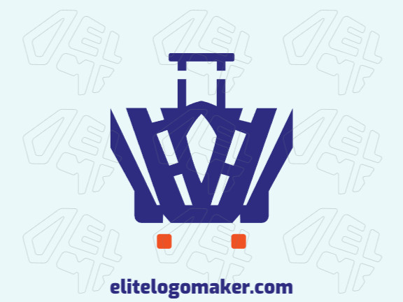 Logo available for sale in the shape of a suitcase combined with a crown, with abstract style with blue and orange colors.