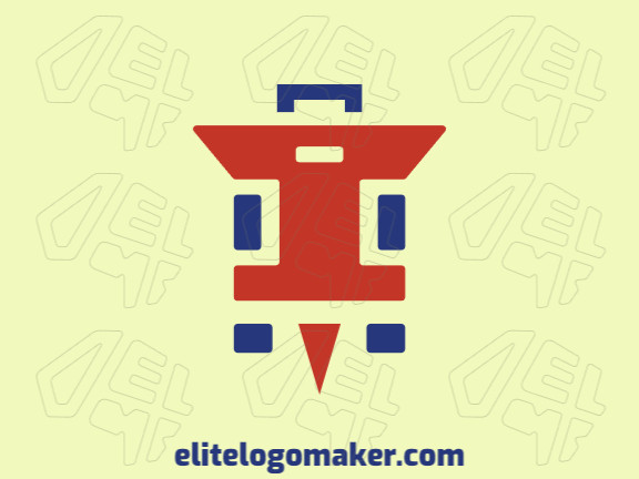Logotipo criativo com design abstrato formando um alfinete combinado com uma mala de viagem com as cores azul e vermelho.