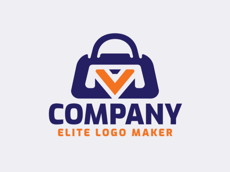 Logotipo vetorial com a forma de uma mala combinado com uma letra "V" com estilo abstrato e com as cores azul e laranja.