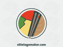 Restaurant logo in the shape of sushi composed of abstract shapes and lines with black, yellow, green, red, and brown colors.