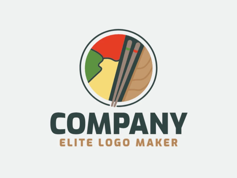 Logotipo elegante composto por formas simples formando um sushi com estilo minimalista, as cores utilizadas foi preto, vermelho, verde, e amarelo.