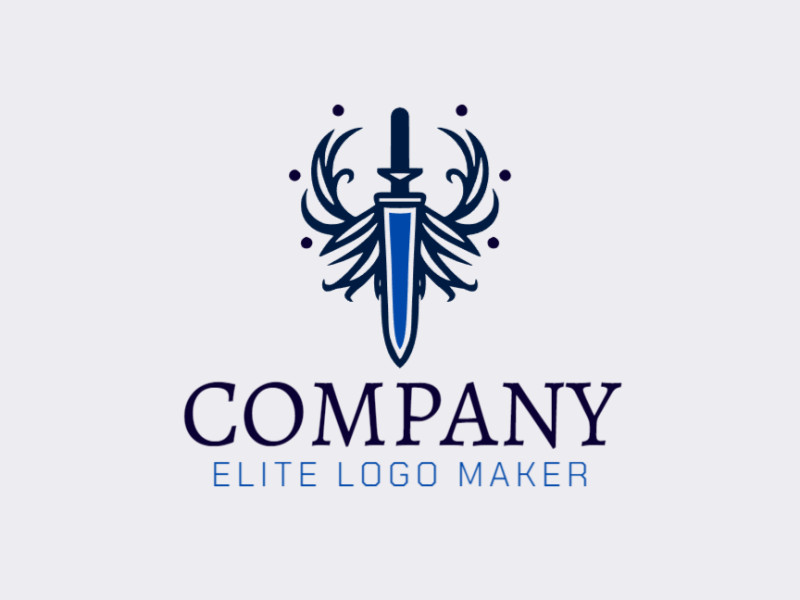 Logotipo vetorial com a forma de uma espada com design simétrico e com as cores azul e azul escuro.