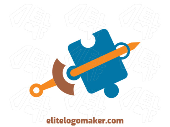 Stylized logo design with the shape of a sword and a puzzle composed of abstracts shapes with yellow, brown, and blue colors.