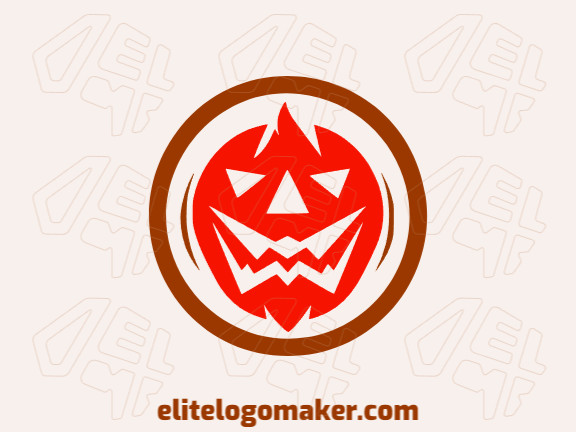 Crie seu próprio logotipo com a forma de uma abóbora aterrorizante com estilo simétrico e com as cores laranja e vermelho escuro.