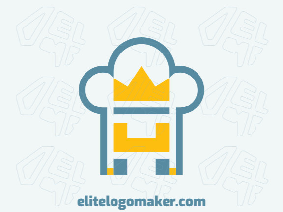 Minimalist logo in the shape of chef hat combined with crown and throne with blue and yellow colors.