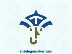 Character logo with the shape of a face of a man combined with an umbrella with green and blue colors.