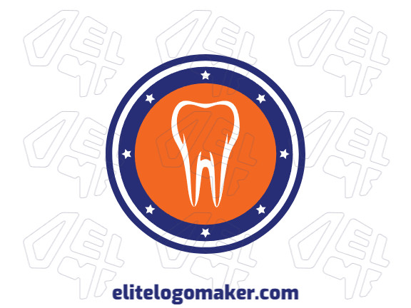 Logotipo circular com formas sólidas formando um dente com design refinado e com as cores azul, laranja, e branco.