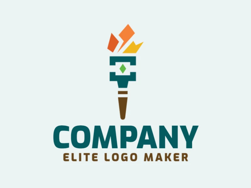 Simple logo design in the shape of a torch composed of solids shapes with yellow, orange, green, and brown colors.