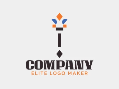 Minimalist logo design in the shape of a torch composed of simples shapes with black, orange, and blue colors.