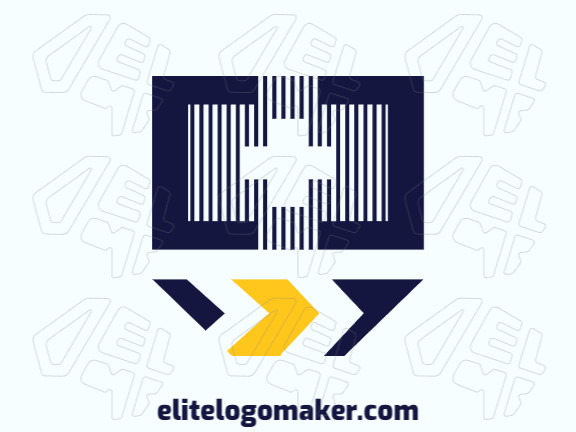 Vector logo in the shape of a trash can combined with brackets, with abstract style with blue and yellow colors.