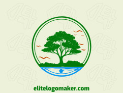 A simple logo composed of abstract shapes forming a tree combined with a lagoon with blue, dark orange, and dark green colors.