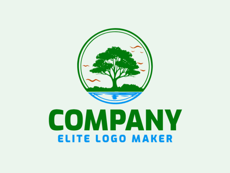 Logotipo simples composto por formas abstratas, formando uma árvore combinado com uma lagoa com as cores azul, laranja escuro, e verde escuro.