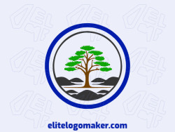 Logo available for sale in the shape of a tree combined with rocks with circular style with green, grey, and dark blue colors.