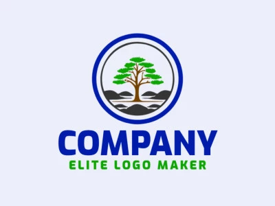 Logotipo disponible para venta en forma de un árbol combinado con rocas con estilo circular y colores verde, gris, y azul oscuro.