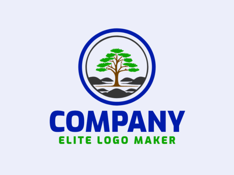 Logotipo disponível para venda com a forma de uma árvore combinado com rochas com estilo circular e com as cores verde, cinza, e azul escuro.