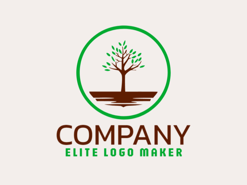 Um logotipo versátil e cuidadosamente elaborado com a forma de uma árvore com folhas, com um estilo criativo; as cores escolhidas é verde e marrom escuro.