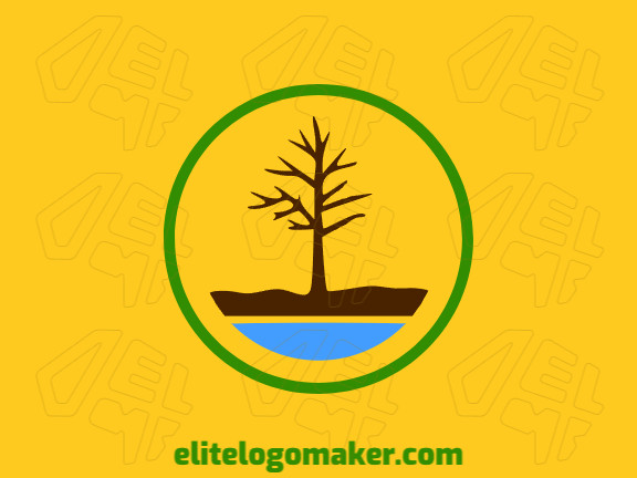 Create a logo for your company in the shape of a tree without leaves with a minimalist style with blue, dark brown, and dark green colors.