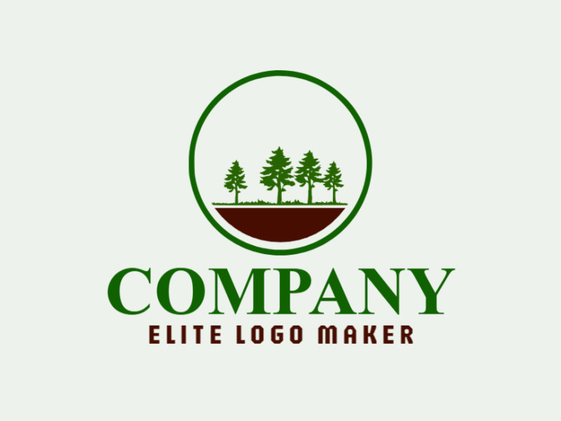 Logotipo disponível para venda com a forma de árvores com estilo ilustrativo e com as cores marrom e verde escuro.