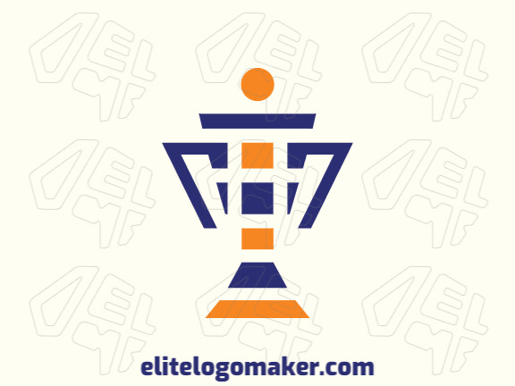 Logotipo criativo criado com formas abstratas formando um troféu com as cores azul e laranja.