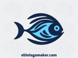 Ideia de logotipo animal com abordagens criativas formando um peixe tropical com as cores azul e azul escuro.