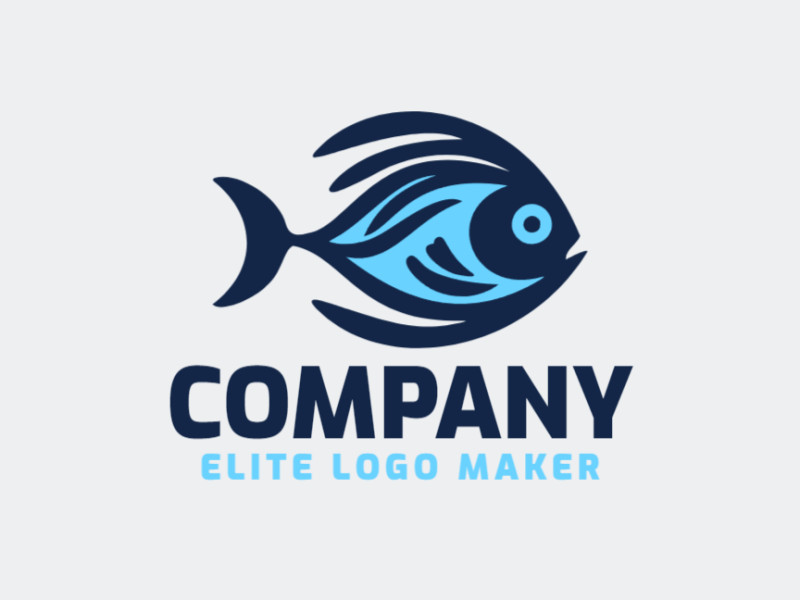 Ideia de logotipo animal com abordagens criativas formando um peixe tropical com as cores azul e azul escuro.