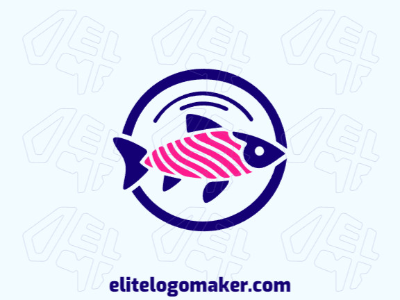 Logotipo criativo com a forma de um peixe tropical com design memorável e estilo abstrato, as cores utilizadas é azul e rosa.