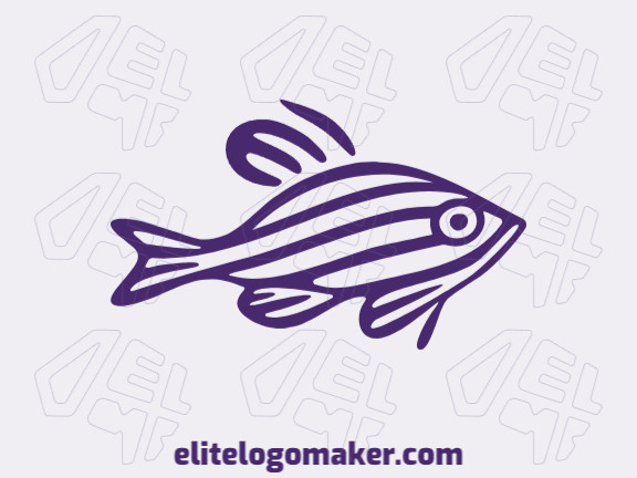 Logotipo vetorial com a forma de um peixe tropical com design monoline e cor roxo.
