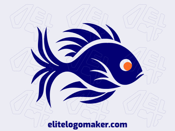 Logotipo criativo com a forma de um peixe tropical com design memorável e estilo mascote, as cores utilizadas é laranja e azul escuro.