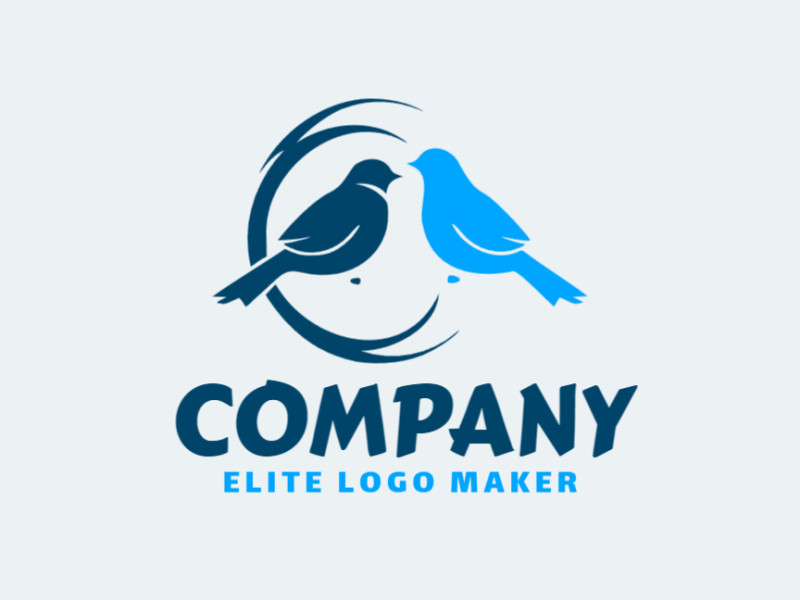 Logotipo minimalista com formas sólidas formando dois pássaros com design refinado e com as cores azul e azul escuro.
