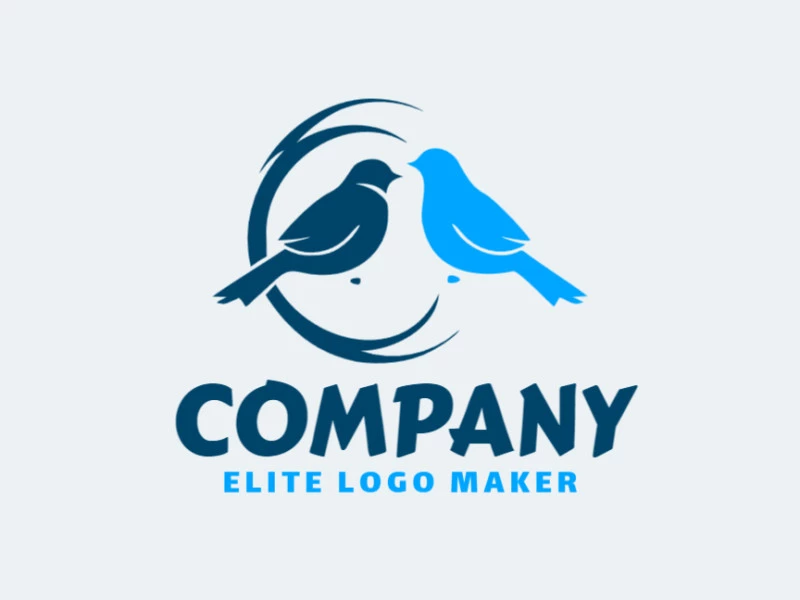 Logotipo minimalista con formas sólidas que forman dos pájaros con un diseño refinado y colores azul y azul oscuro.