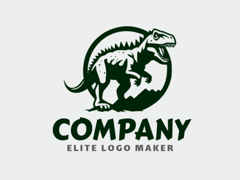 Logo available for sale in the shape of Tyrannosaurus with abstract design and dark green color.