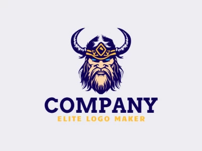 Logotipo simple compuesto de formas abstractas que forman un vikingo en colores amarillo, beige, y azul oscuro.