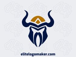 Logo is available for sale in the shape of a Viking with a symmetric style with dark blue and dark yellow colors.