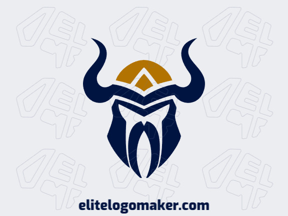 Logotipo disponível para venda com a forma de um viking com estilo simétrico e com as cores azul escuro e amarelo escuro.