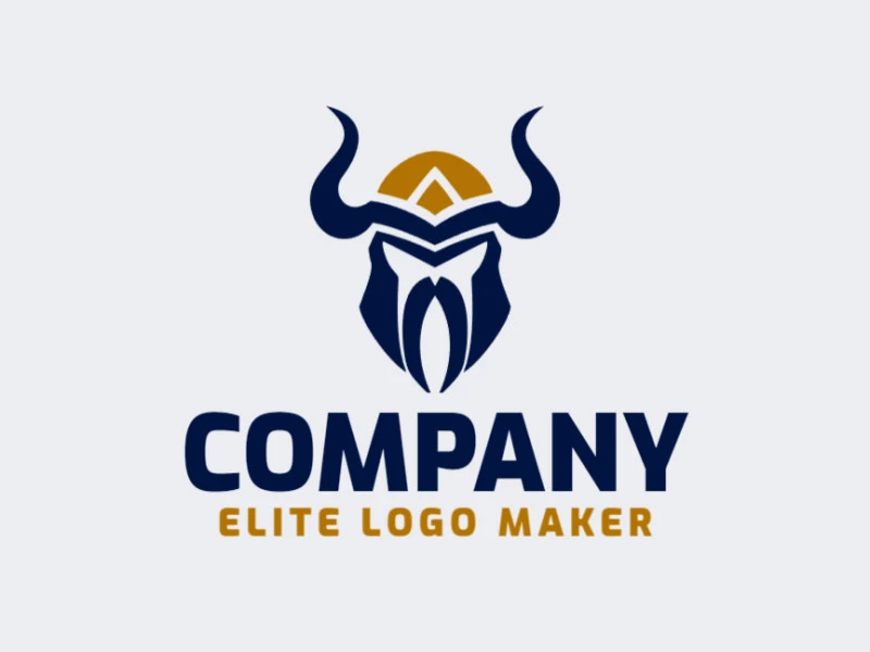 Logo is available for sale in the shape of a Viking with a symmetric style with dark blue and dark yellow colors.