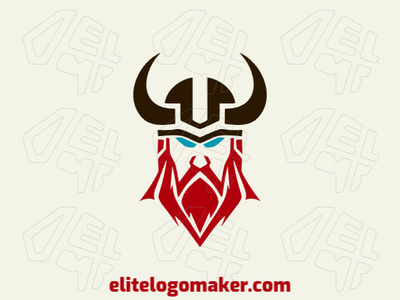 Logotipo criativo com a forma de um viking com design simétrico e com as cores azul, preto, e vermelho escuro.