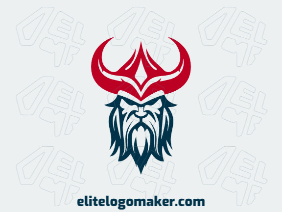 Logotipo customizável com a forma de um viking composto por um estilo simétrico e com as cores vermelho e azul escuro.