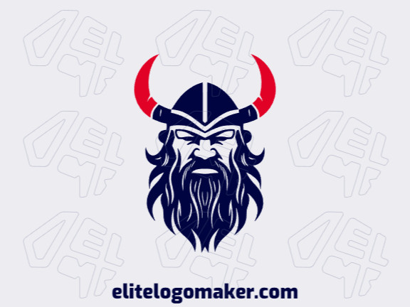 Um logotipo simétrico apresentando um Viking feroz usando um capacete medieval, com cores chamativas em vermelho e azul escuro.
