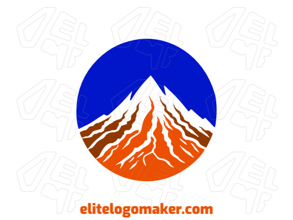 Logotipo customizável com a forma de um vulcão com estilo abstrato, as cores utilizadas foram: laranja, vermelho, e azul escuro.
