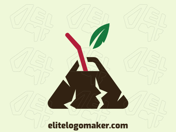 Illustrative logo design in the shape of a volcano combined with a drinking straw and a leaf with green, brown and red colors.