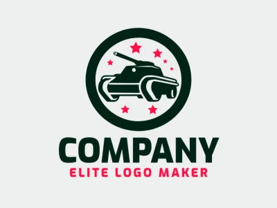 Logotipo personalizable en forma de un tanque de batalla combinado con estrellas compuesto por un estilo circular y colores rojo y verde oscuro.