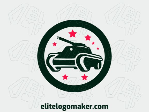 Logotipo customizável com a forma de um tanque de guerra combinado com estrelas composto por um estilo circular e com as cores vermelho e verde escuro.