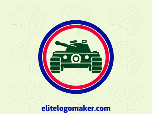 Logo is available for sale in the shape of a war tank with abstract style with red, dark blue, and dark green colors.
