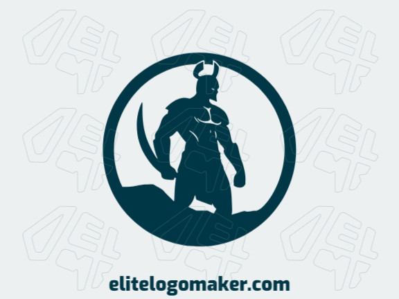 Logotipo criativo com a forma de um guerreiro com design circular e cor azul escuro.