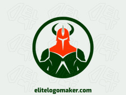 Simple logo composed of abstract shapes forming a warrior with orange and dark green colors.