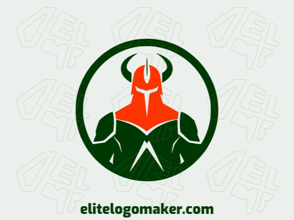 Logotipo simples composto por formas abstratas, formando um guerreiro com as cores laranja e verde escuro.