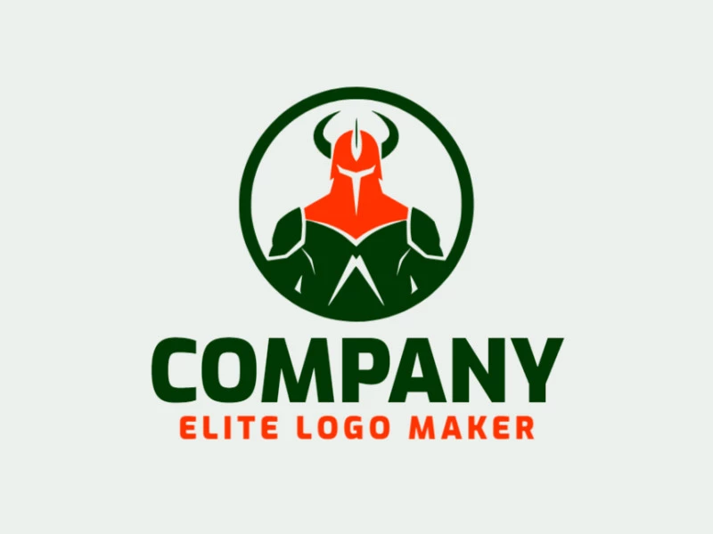 Logotipo simples composto por formas abstratas, formando um guerreiro com as cores laranja e verde escuro.