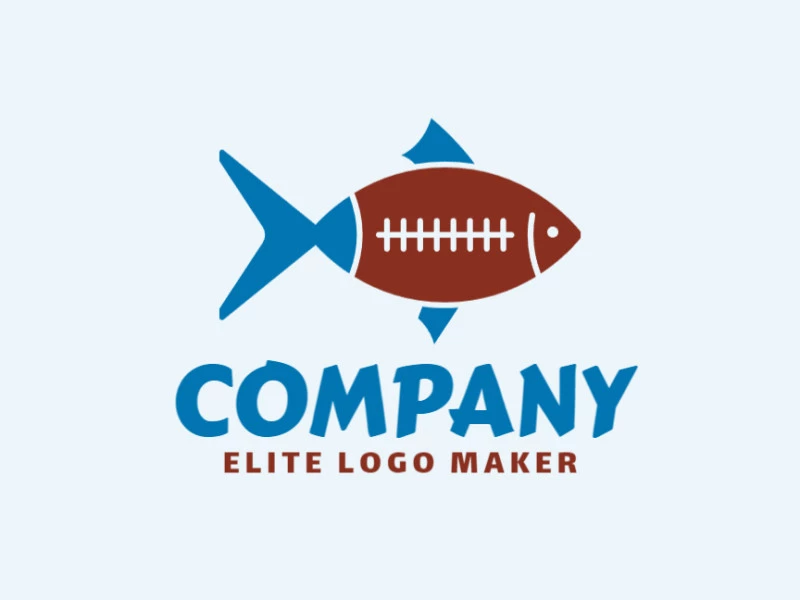 Illustrative logo design in the shape of a fish combined with a ball with blue and dark red colors.